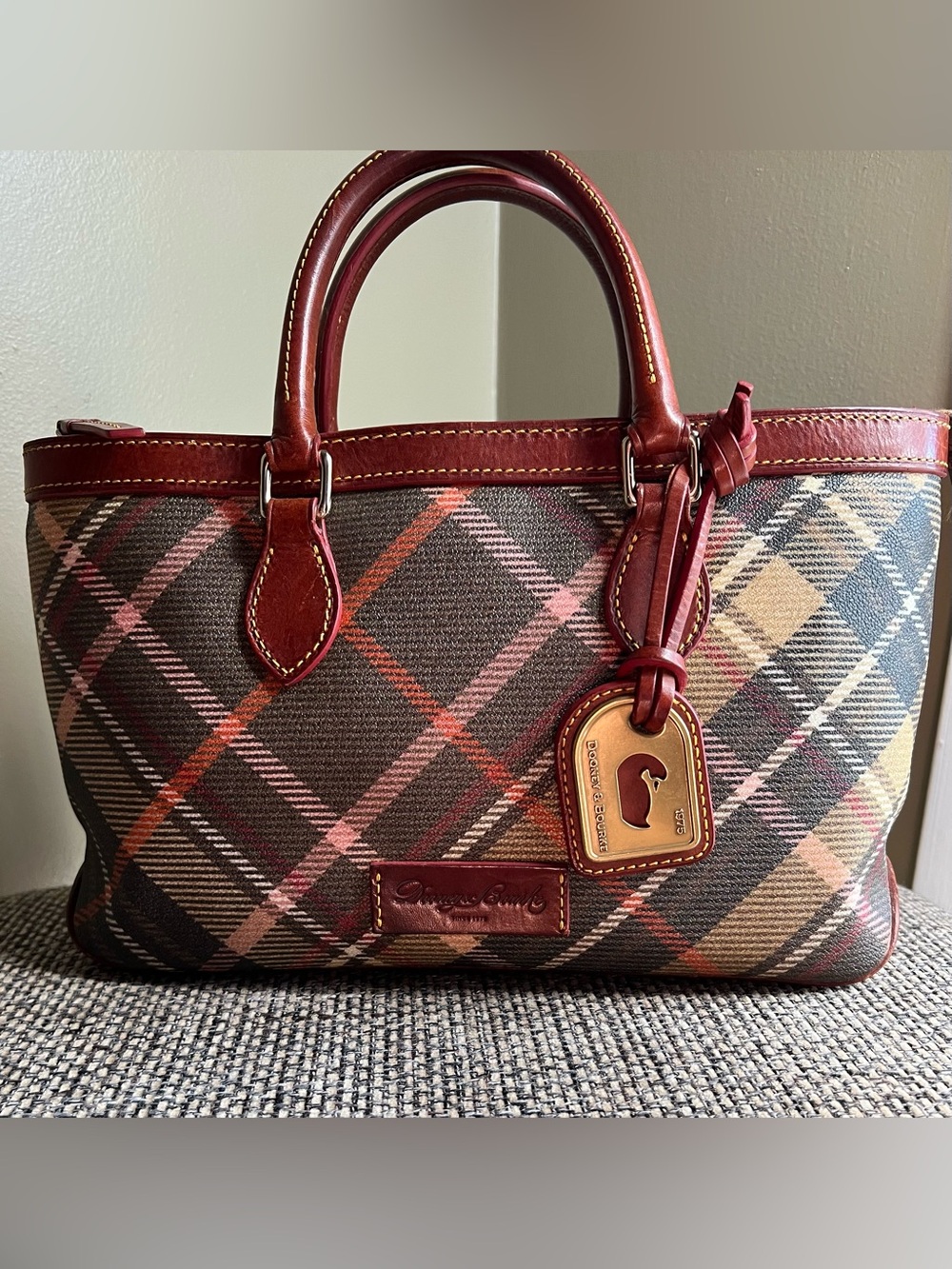 Dooney & Bourke Brown and Red Plaid Satchel with Burgundy Trim